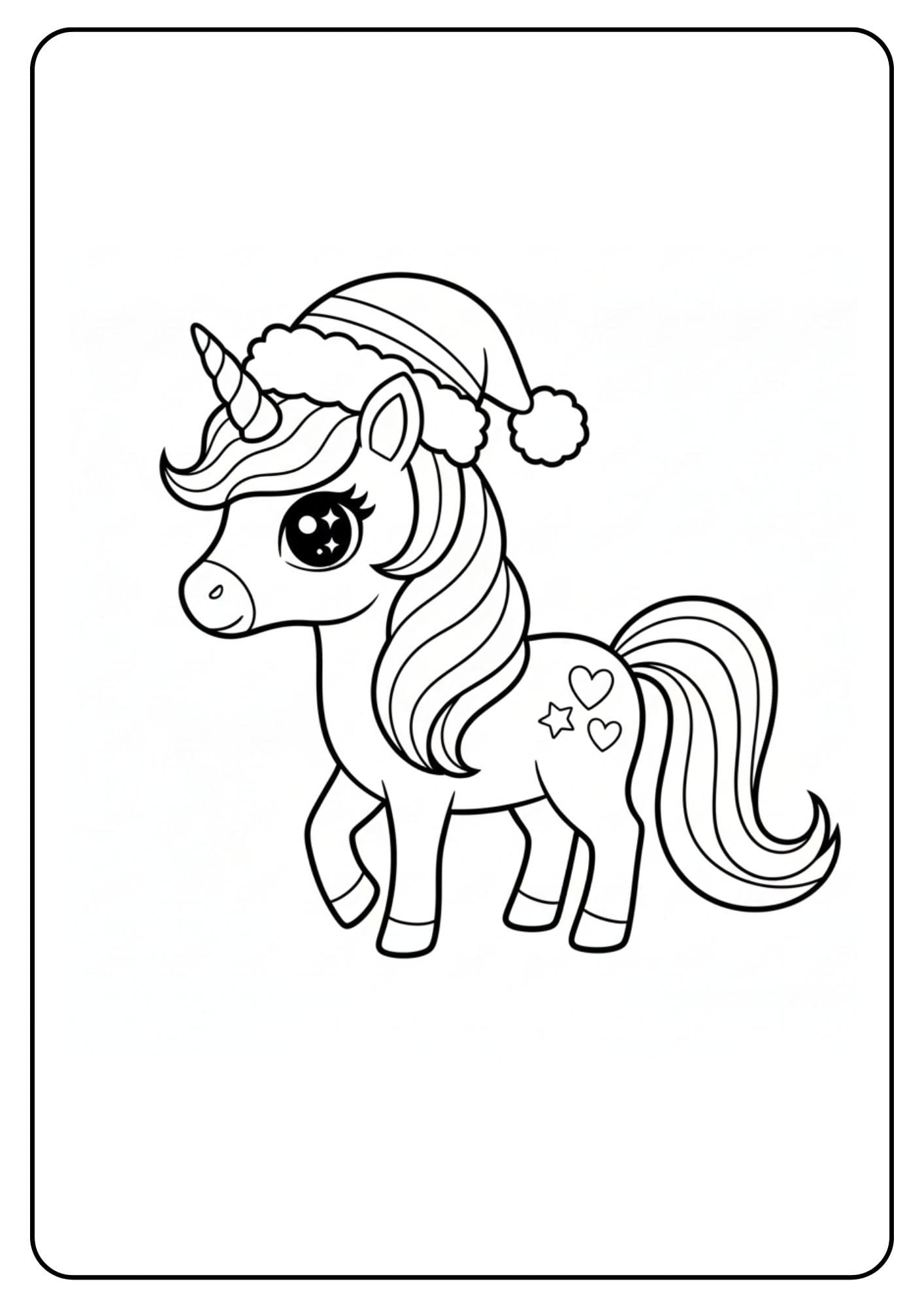 Ein kostenloses Einhorn Weihnachten Ausmalbild für Kinder, das ein kleines, süßes Einhorn mit einer Weihnachtsmütze zeigt.