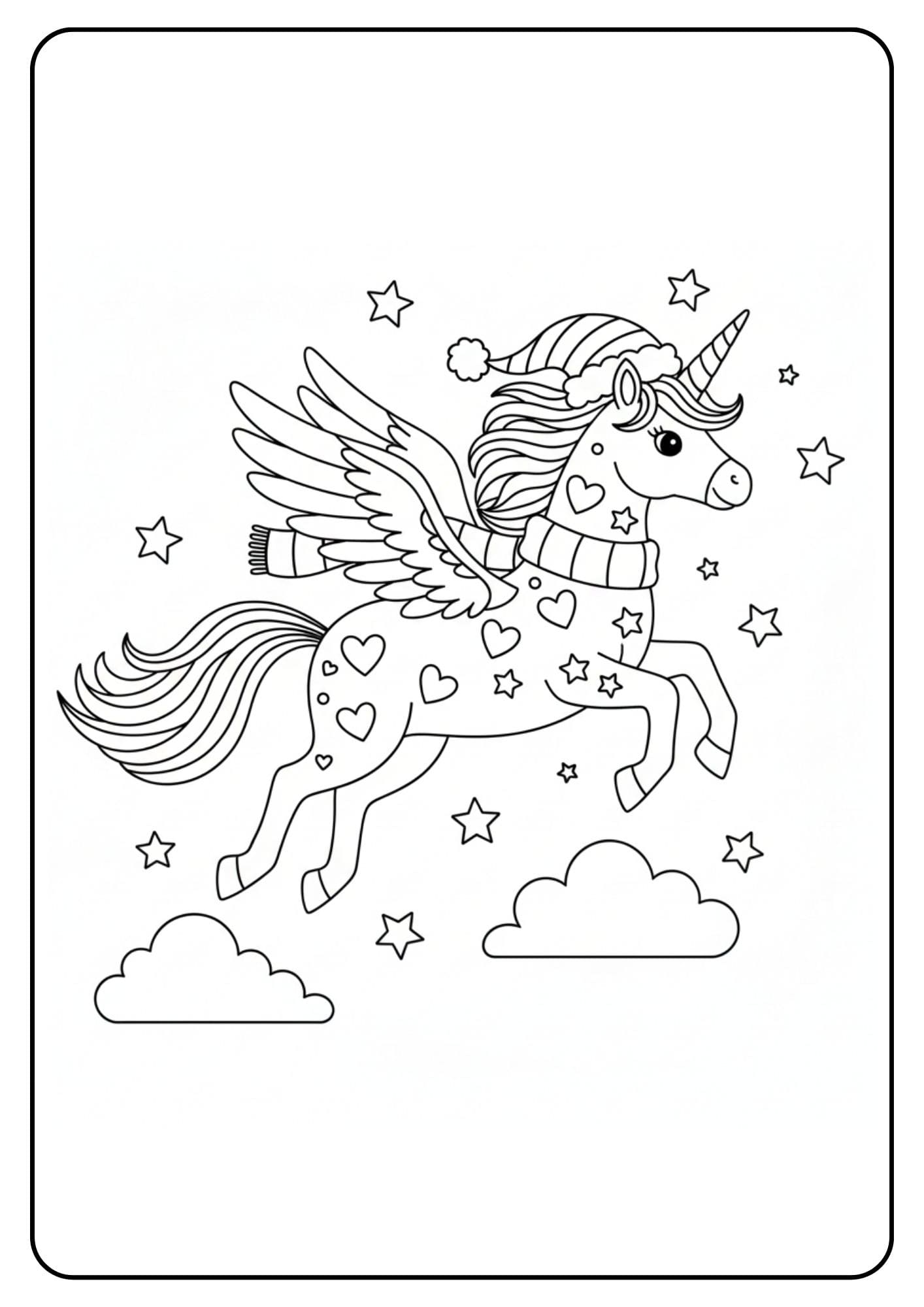 Ein kostenloses Einhorn Weihnachten Ausmalbild für Kinder, das ein fliegendes Einhorn mit Flügeln, Schal und Weihnachtsmütze zwischen Sternen zeigt.