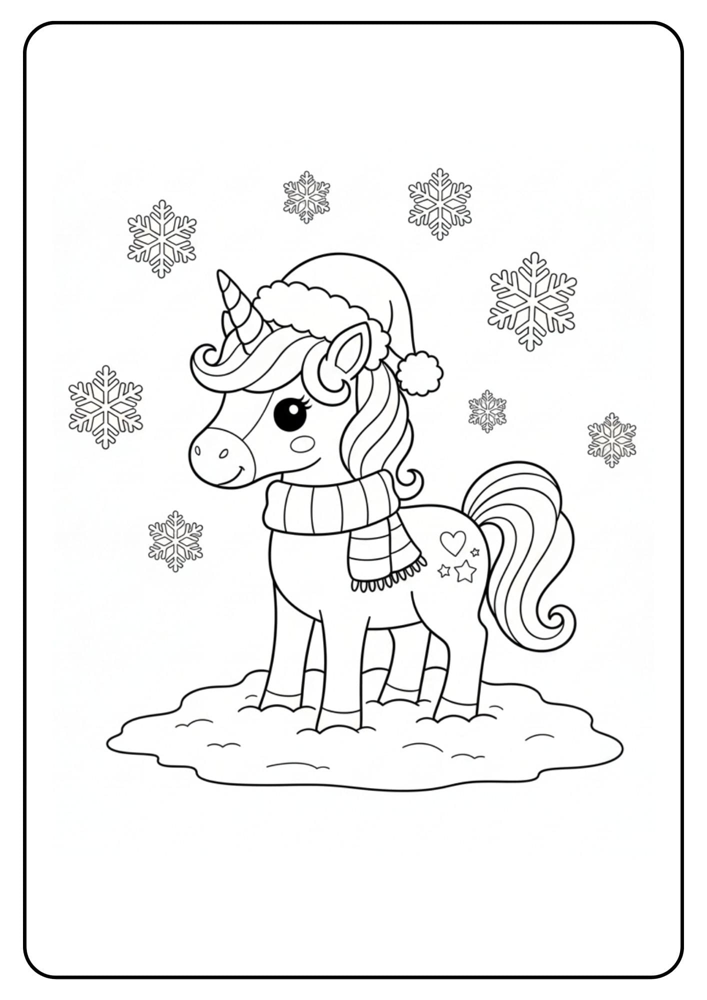 Ein kostenloses Einhorn Weihnachten Ausmalbild für Kinder, das ein süßes Einhorn mit Weihnachtsmütze und Schal im Schnee zeigt.