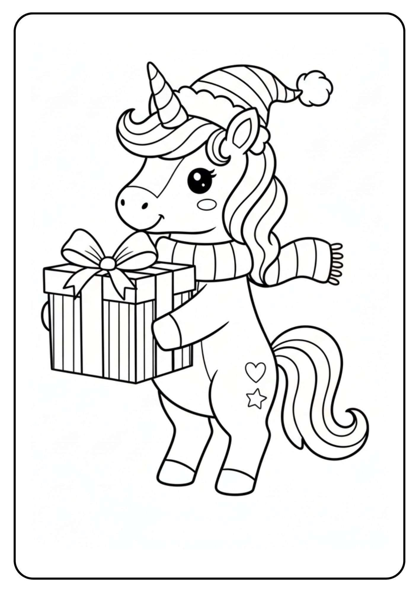 Ein kostenloses Einhorn Weihnachten Ausmalbild für Kinder, das ein niedliches Einhorn mit Mütze und Schal zeigt, das ein großes Geschenk hält.