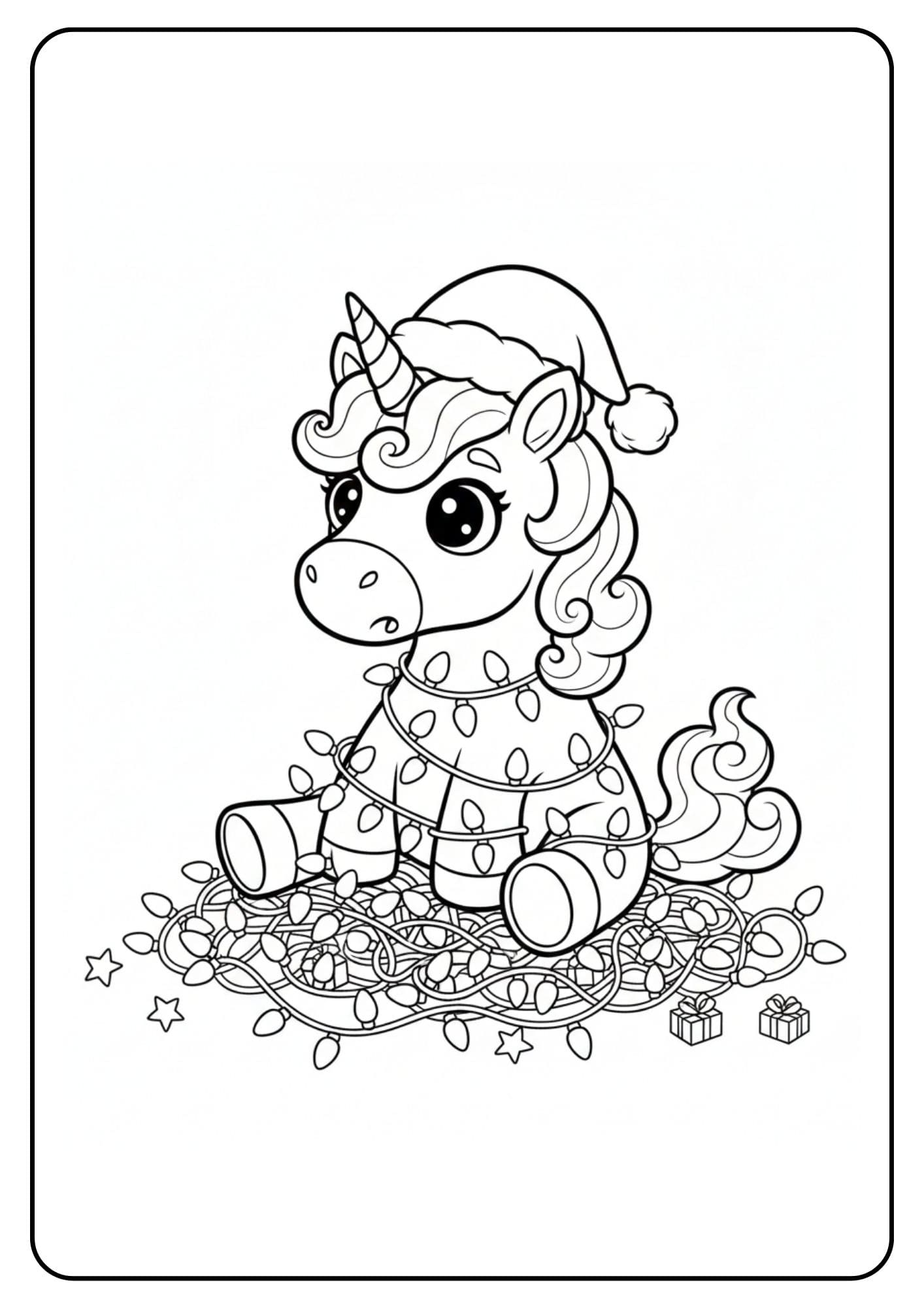 Ein kostenloses Einhorn Weihnachten Ausmalbild für Kinder, das ein süßes Einhorn zeigt, das in einer Lichterkette verheddert sitzt.