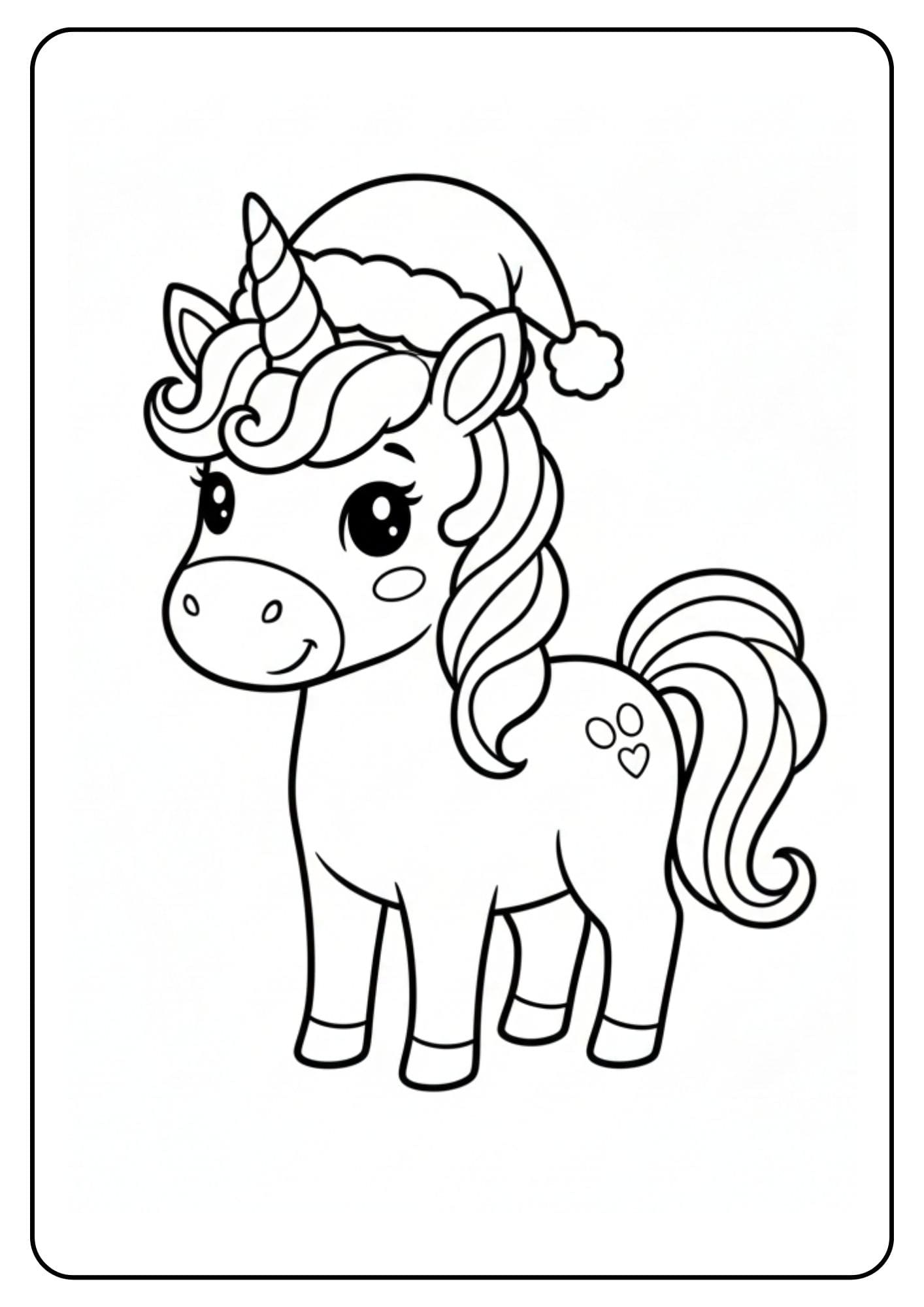 Ein kostenloses Einhorn Weihnachten Ausmalbild für Kinder, das ein niedliches, stehendes Einhorn mit einer Weihnachtsmütze zeigt.