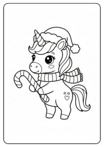 Ein kostenloses Einhorn Weihnachten Ausmalbild für Kinder, das ein süßes Einhorn mit Mütze und Schal zeigt, das eine große Zuckerstange hält.