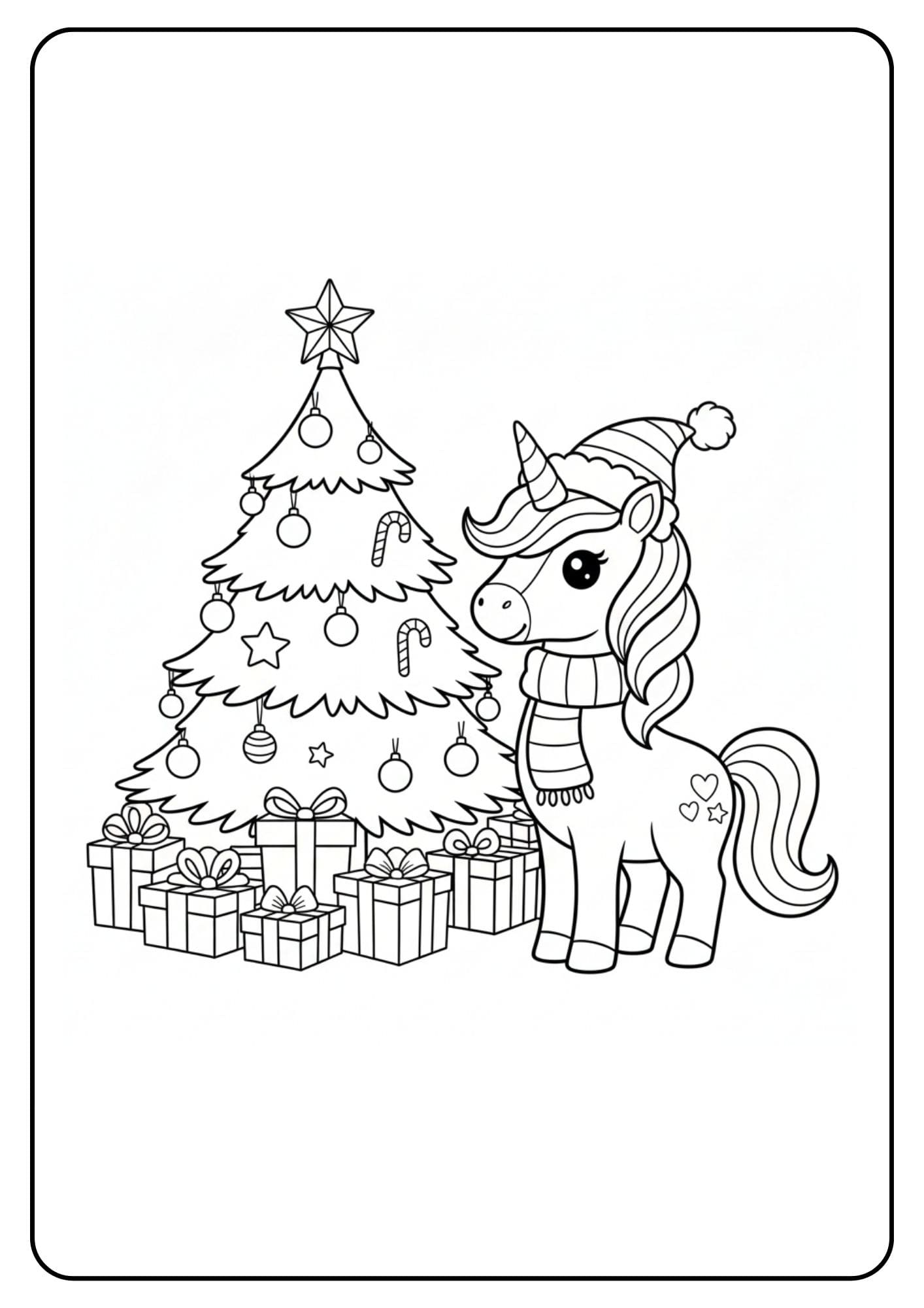 Ein kostenloses Einhorn Weihnachten Ausmalbild für Kinder, das ein Einhorn neben einem geschmückten Weihnachtsbaum und vielen Geschenken zeigt.