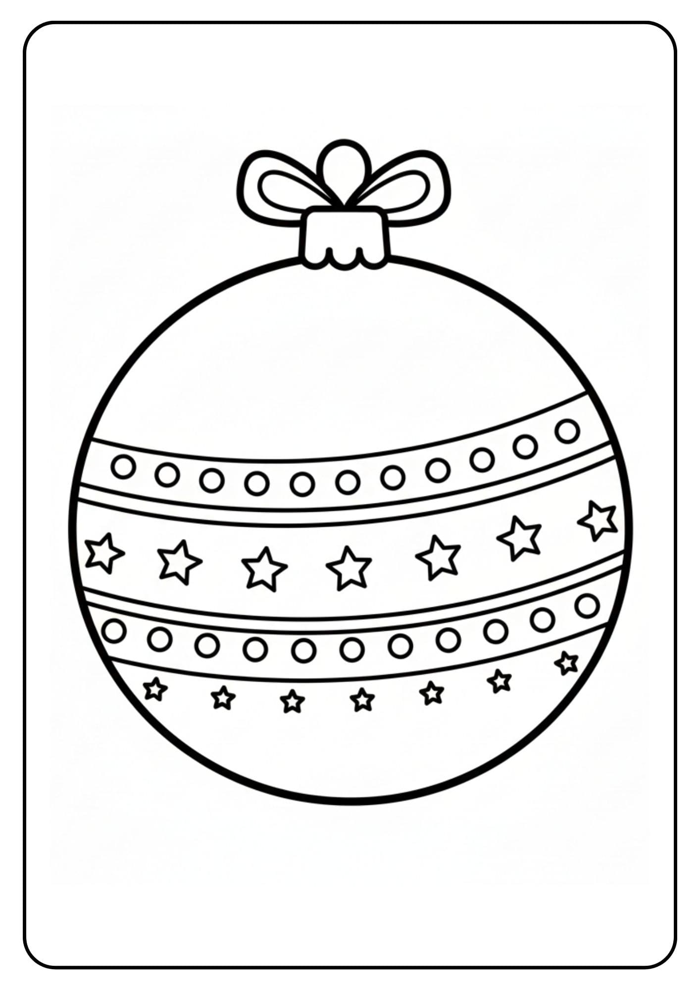 Ein kostenloses Weihnachten Kugeln Ausmalbild, das eine einfache Kugel mit Sternen und Punkten zeigt, ideal für Kleinkinder.