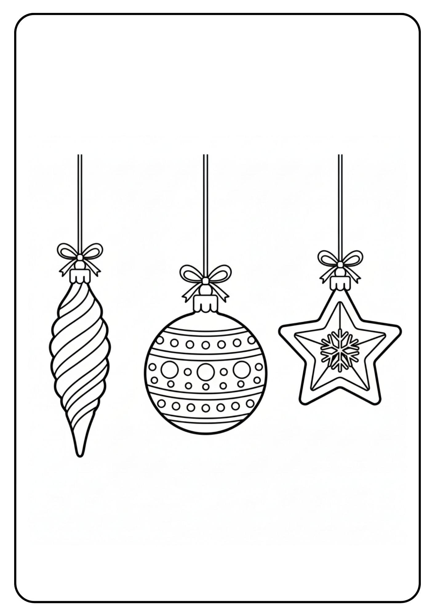 Ein kostenloses Weihnachten Kugeln Ausmalbild, das drei verschiedene hängende Christbaumanhänger zeigt: Zapfen, Kugel und Stern.