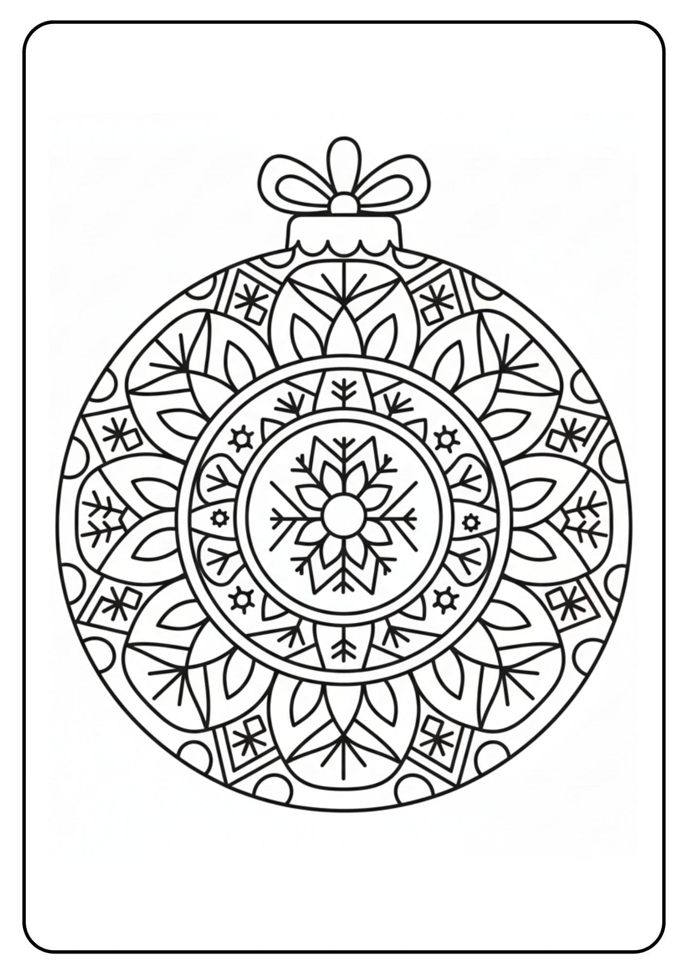 Ein kostenloses Weihnachten Kugeln Ausmalbild, das eine Kugel mit kompliziertem Mandala-Muster und Blumenmotiven zeigt, ideal für Entspannung.