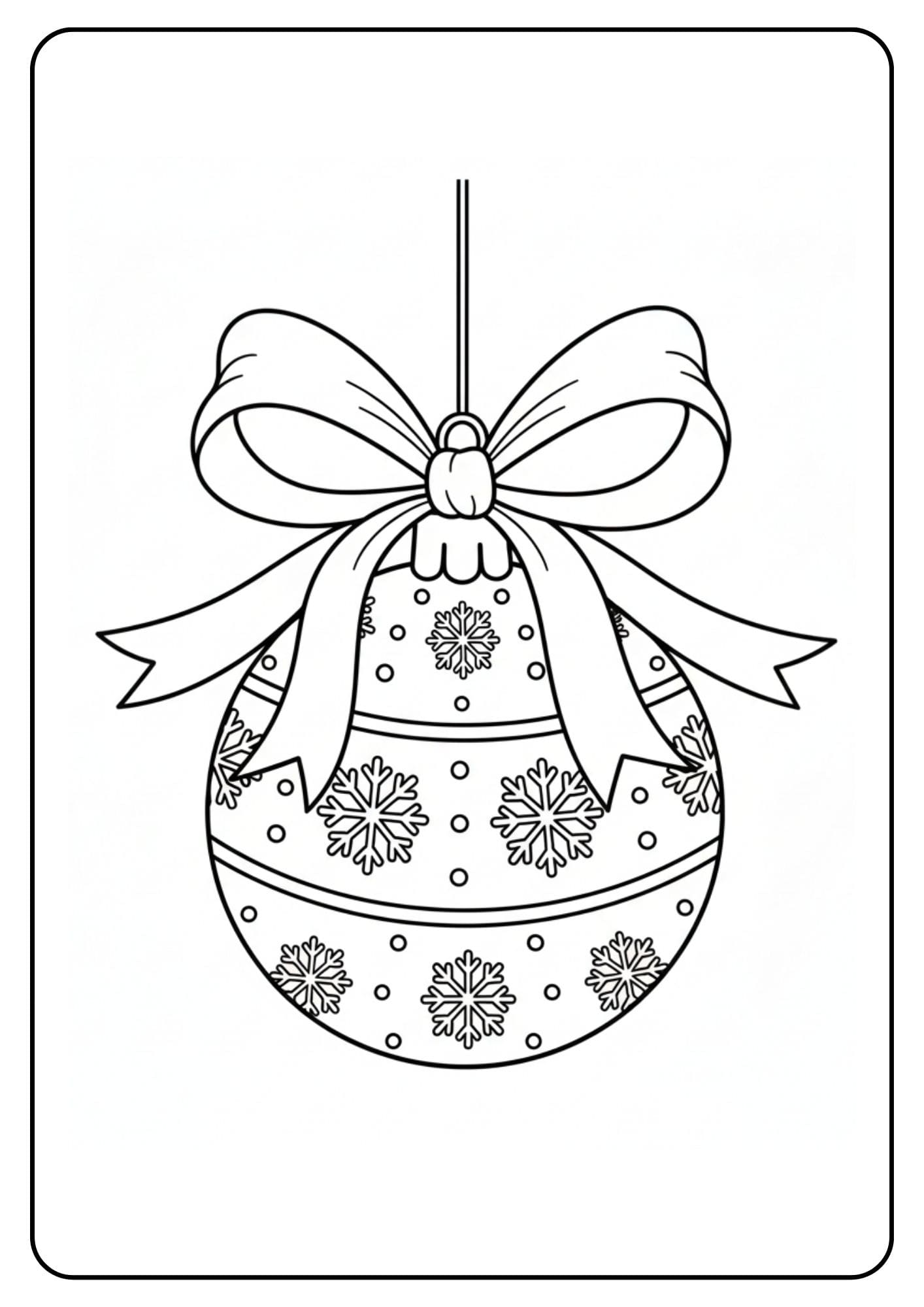 Ein kostenloses Weihnachten Kugeln Ausmalbild, das eine Kugel dekoriert mit detaillierten Schneeflocken und einer großen Schleife zeigt.