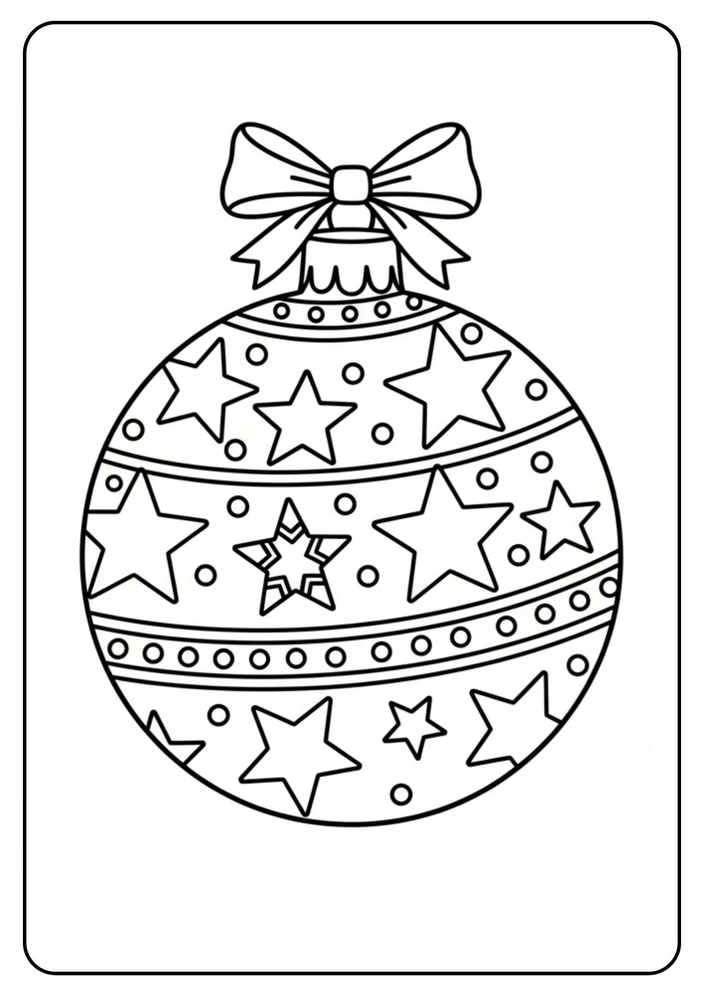 Ein kostenloses Weihnachten Kugeln Ausmalbild, das eine große Christbaumkugel verziert mit vielen Sternen und einer Schleife zeigt.
