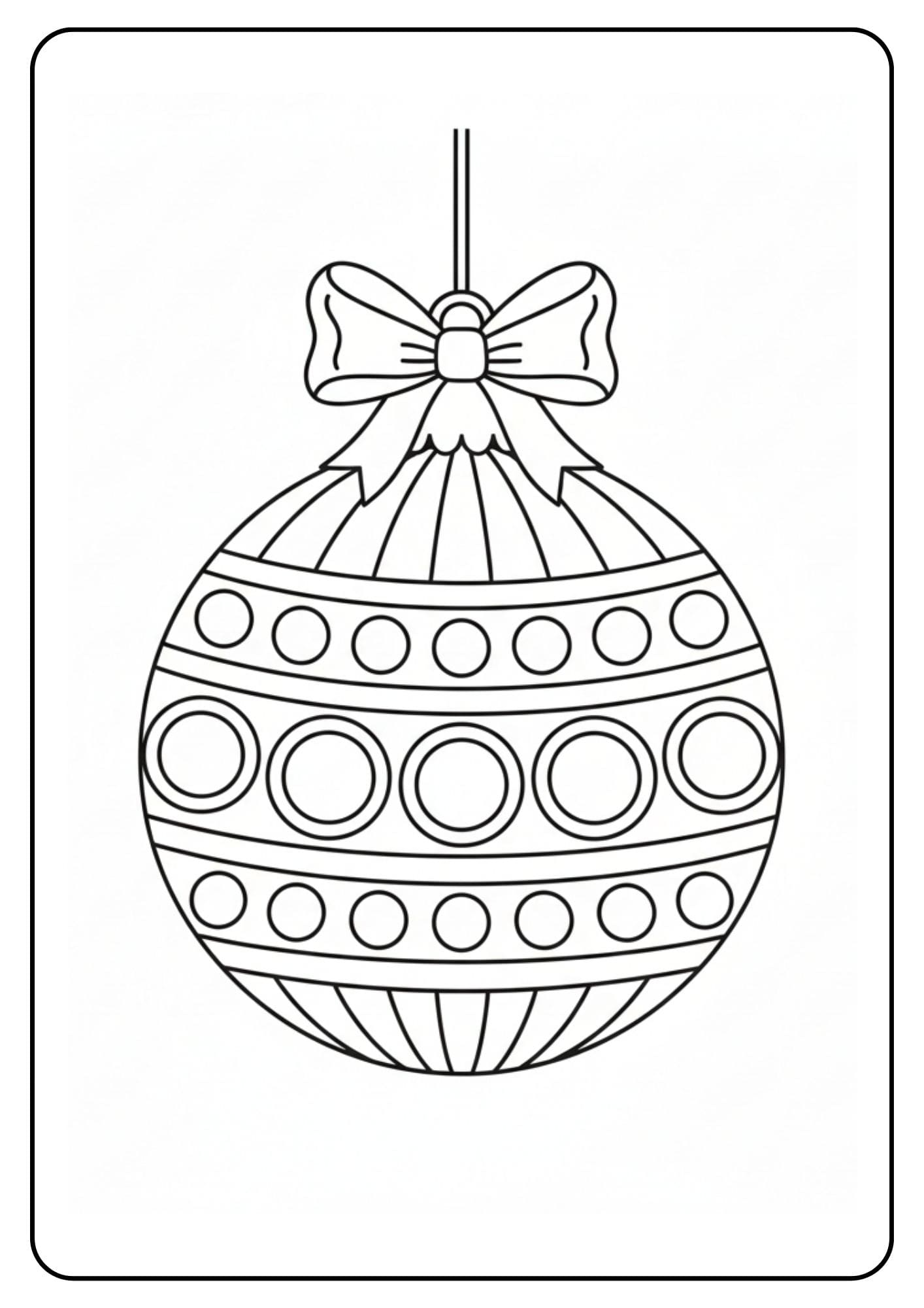 Ein kostenloses Weihnachten Kugeln Ausmalbild, das eine Kugel dekoriert mit Kreisen, Streifen und einer Schleife zeigt.
