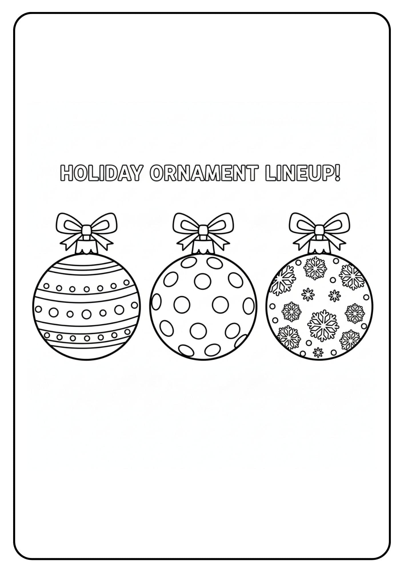 Ein kostenloses Weihnachten Kugeln Ausmalbild mit dem Text "HOLIDAY ORNAMENT LINEUP!", das drei aufgereihte Kugeln mit Mustern zeigt.