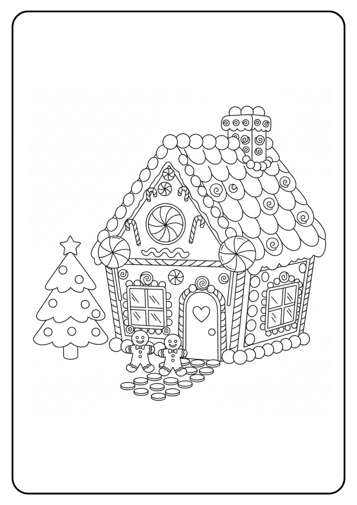 Ein kostenloses Weihnachten Ausmalbild, das ein Lebkuchenhaus geschmückt mit Zuckerstangen und Süßigkeiten sowie zwei kleinen Lebkuchenmännchen zeigt.