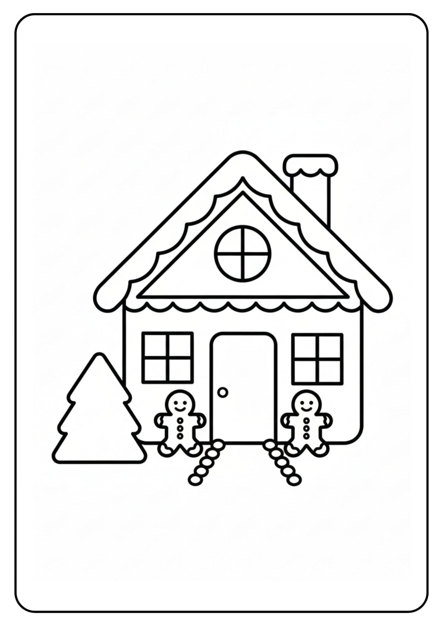 Ein kostenloses Weihnachten Ausmalbild, das ein sehr einfaches Lebkuchenhaus mit dicken Linien, zwei Lebkuchenmännchen und einem Baum zeigt.