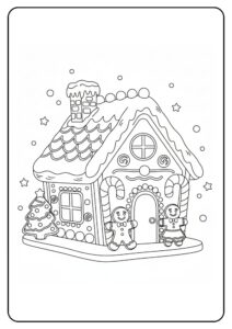 Ein kostenloses Weihnachten Ausmalbild, das ein Lebkuchenhaus mit einem kleinen Weihnachtsbaum, zwei Lebkuchenmännern und fallenden Sternen zeigt.