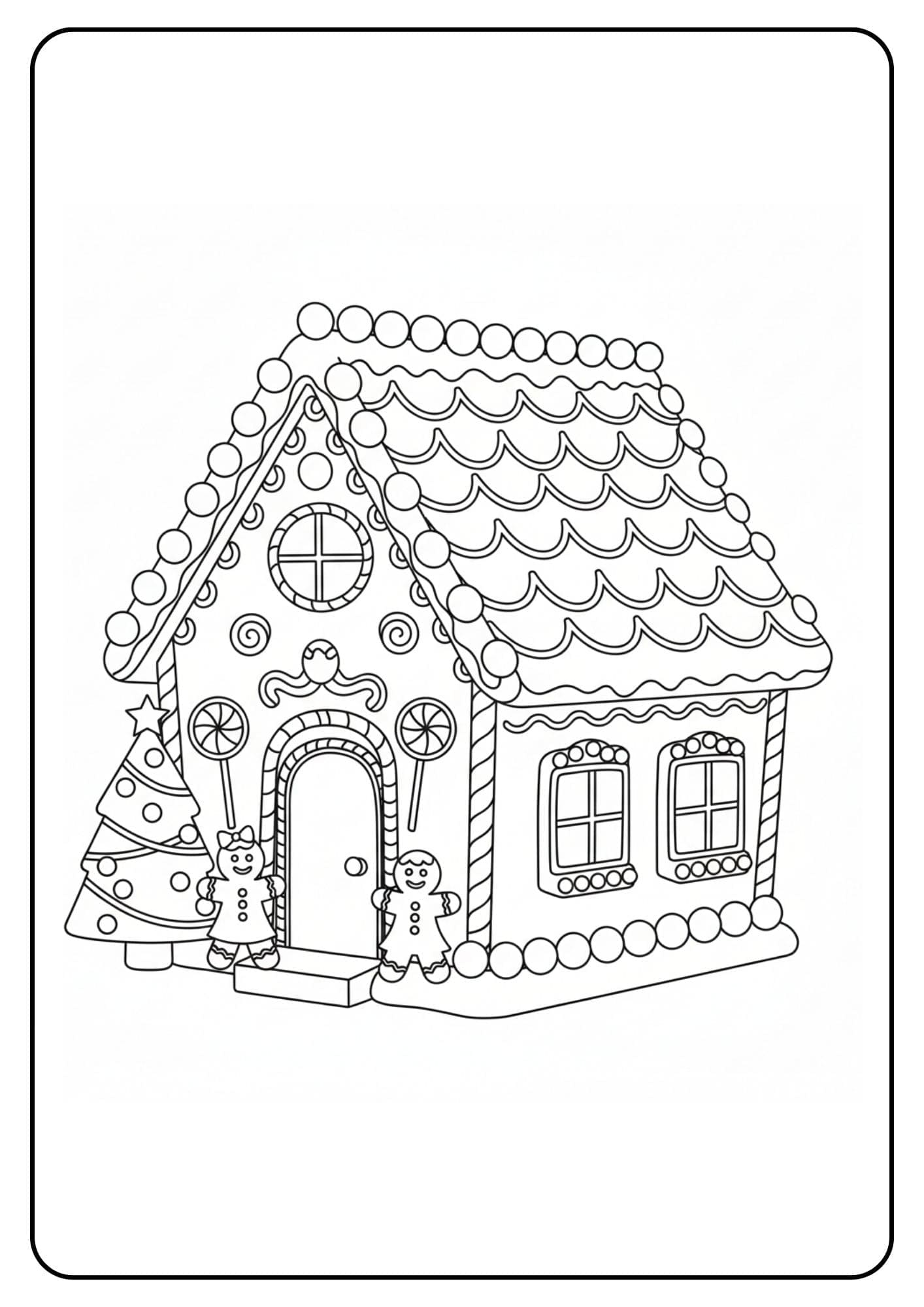 Ein kostenloses Weihnachten Ausmalbild, das ein sehr detailliertes Lebkuchenhaus mit Schindeldach, einem Weihnachtsbaum und zwei Lebkuchenmännern zeigt.