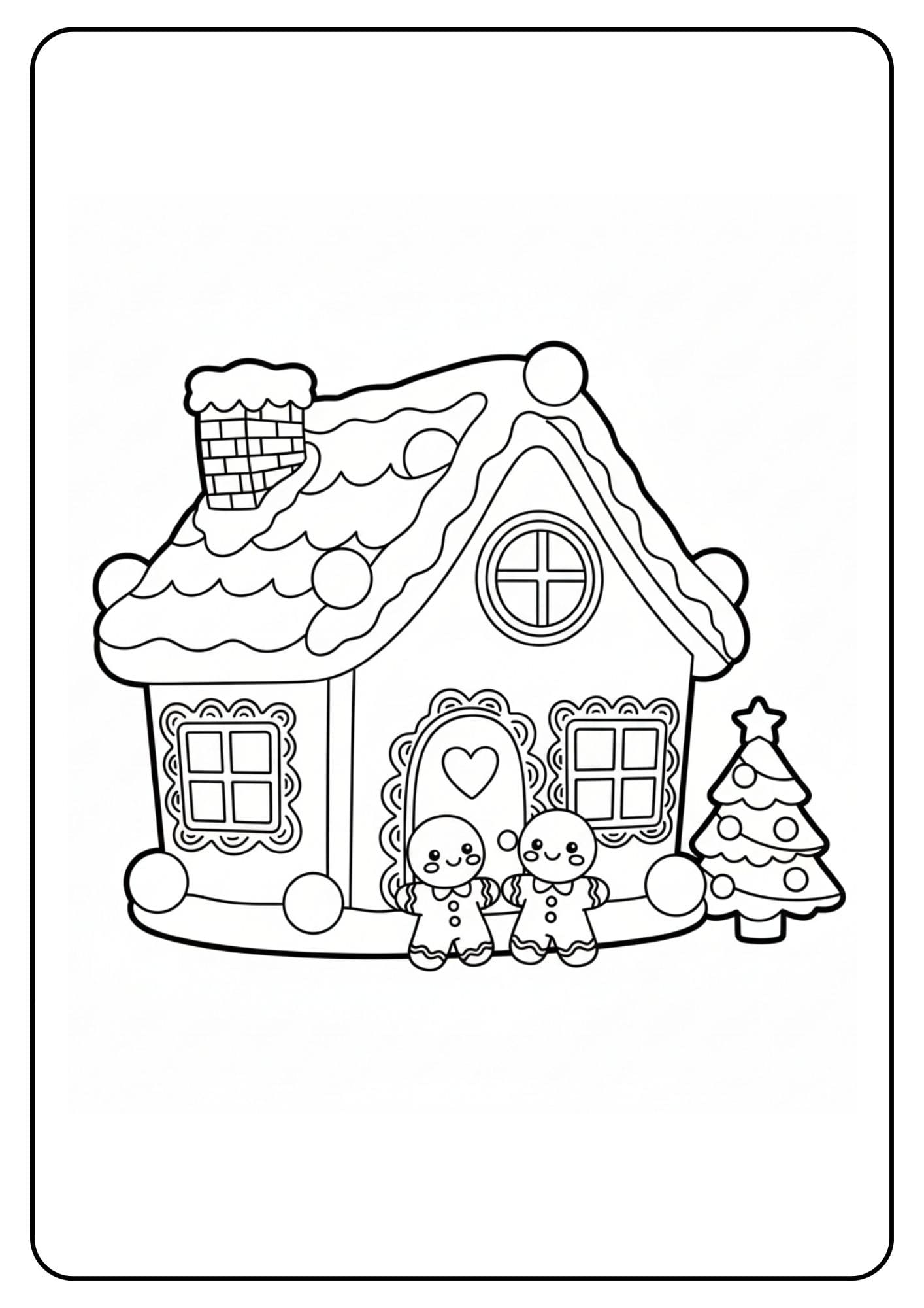 Ein kostenloses Weihnachten Ausmalbild, das ein süßes Lebkuchenhaus mit einem Herz an der Tür, zwei Lebkuchenmännern und einem Weihnachtsbaum zeigt.