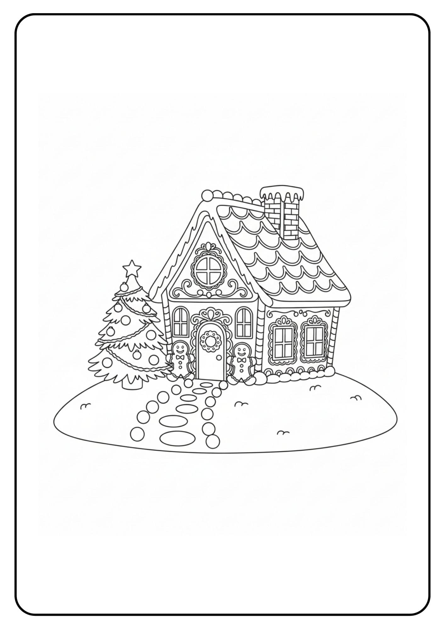 Ein kostenloses Weihnachten Ausmalbild, das ein detailliertes Lebkuchenhaus mit einem Weihnachtsbaum und zwei kleinen Lebkuchenmännchen zeigt.