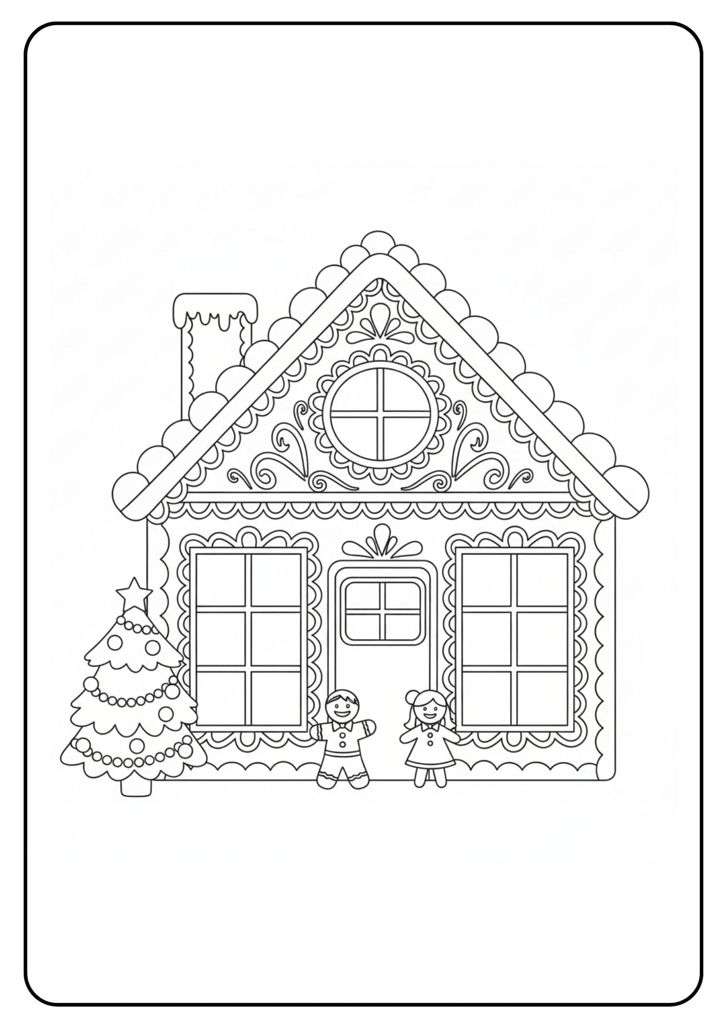 Ein kostenloses Weihnachten Ausmalbild, das ein Lebkuchenhaus mit großen Fenstern, einem geschmückten Tannenbaum und einem Lebkuchen-Paar zeigt.