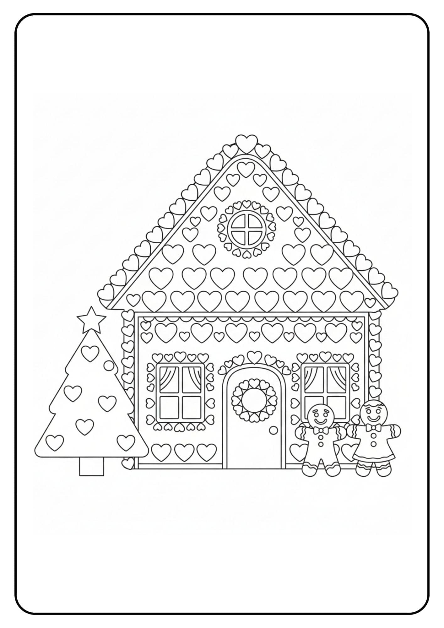 Ein kostenloses Weihnachten Ausmalbild, das ein Lebkuchenhaus komplett mit Herz-Dekorationen, einem Herz-Baum und einem Lebkuchen-Paar zeigt.
