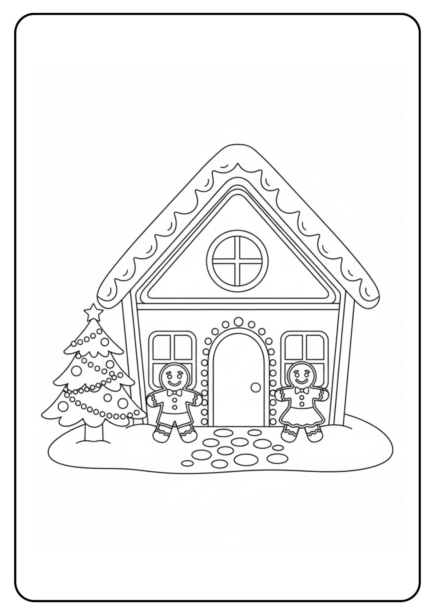 Ein kostenloses Weihnachten Ausmalbild, das ein Lebkuchenhaus mit einem Lebkuchenmann und einer Lebkuchenfrau vor der Tür zeigt.