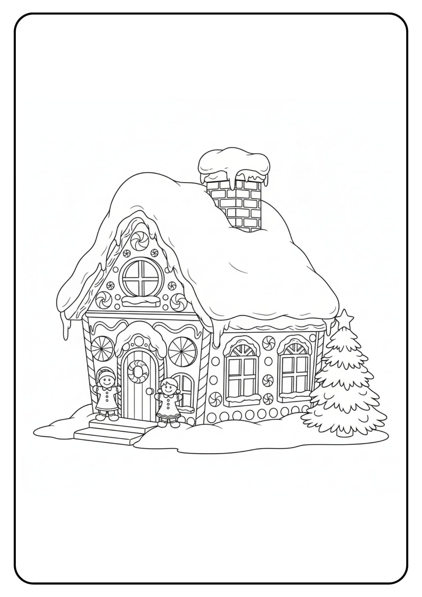 Ein kostenloses Weihnachten Ausmalbild, das ein dick mit Schnee bedecktes Lebkuchenhaus mit Eiszapfen, Weihnachtsbaum und Lebkuchenmännchen zeigt.