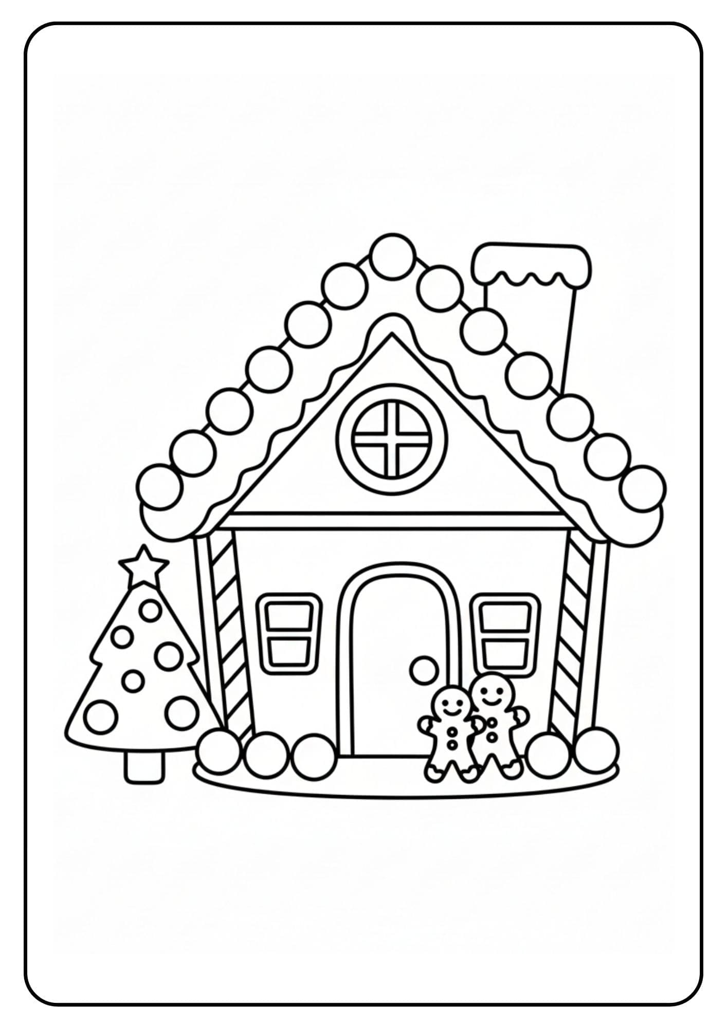Ein kostenloses Weihnachten Ausmalbild, das ein einfaches Lebkuchenhaus mit einem Weihnachtsbaum und zwei kleinen Lebkuchenmännchen zeigt, ideal für Kleinkinder.