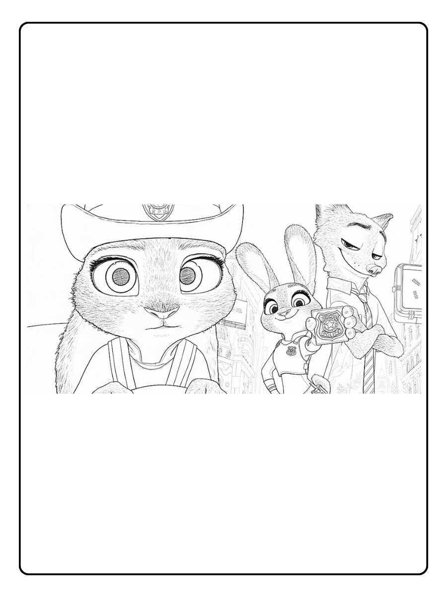 Zootopia Ausmalbilder Nick und Judy mit anderen Charakteren