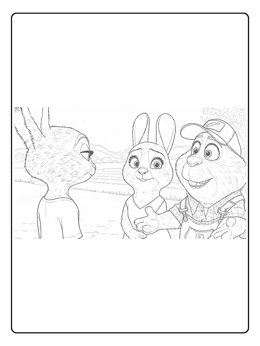 Zootopia Ausmalbilder Nick und Judy nebeneinander mit Freunden