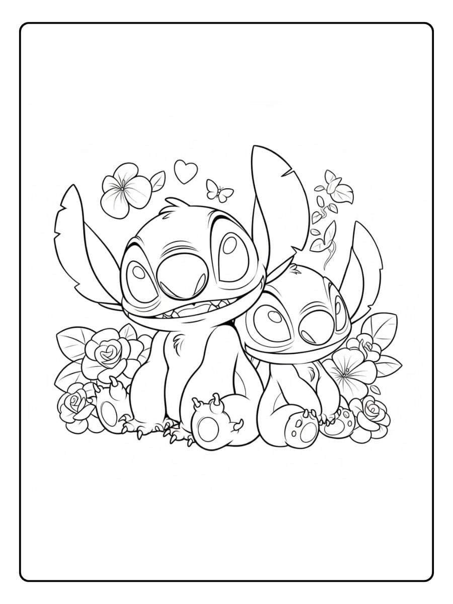Zwei liebevolle Stitch und Angel Ausmalbilder mit Blumen
