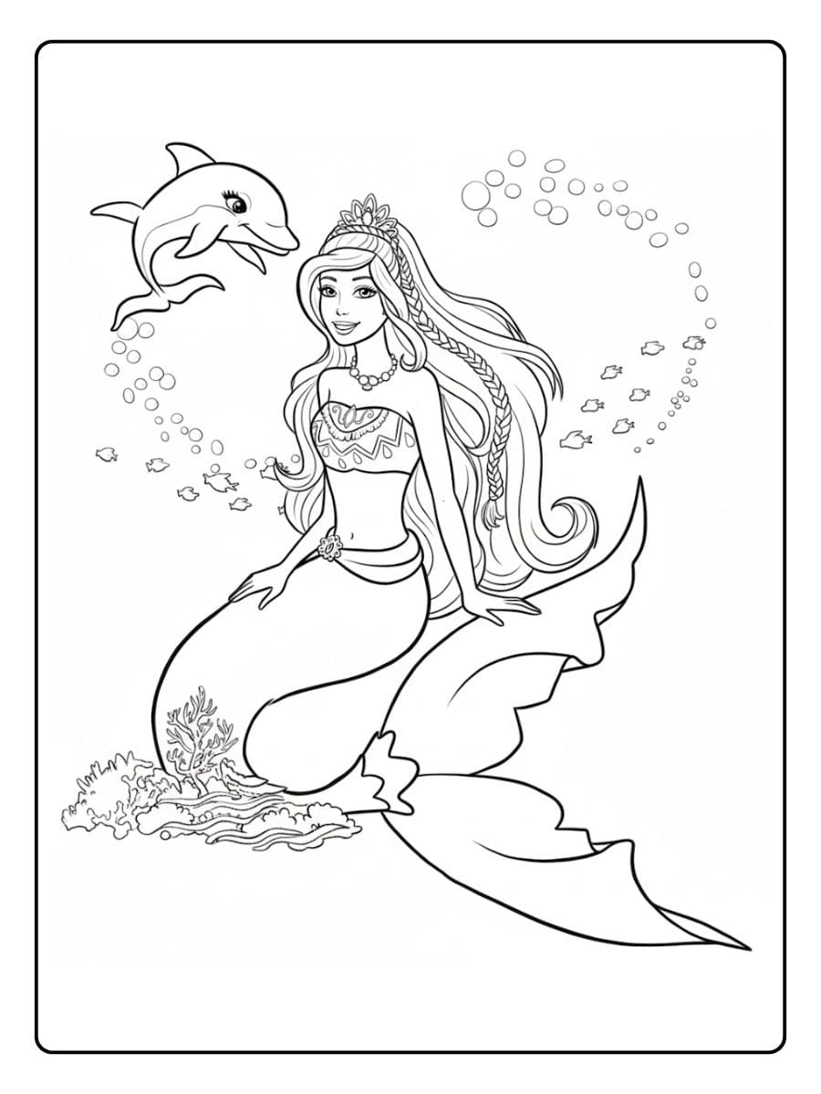 ausmalbild meerjungfrau barbie mit delphin und fisch
