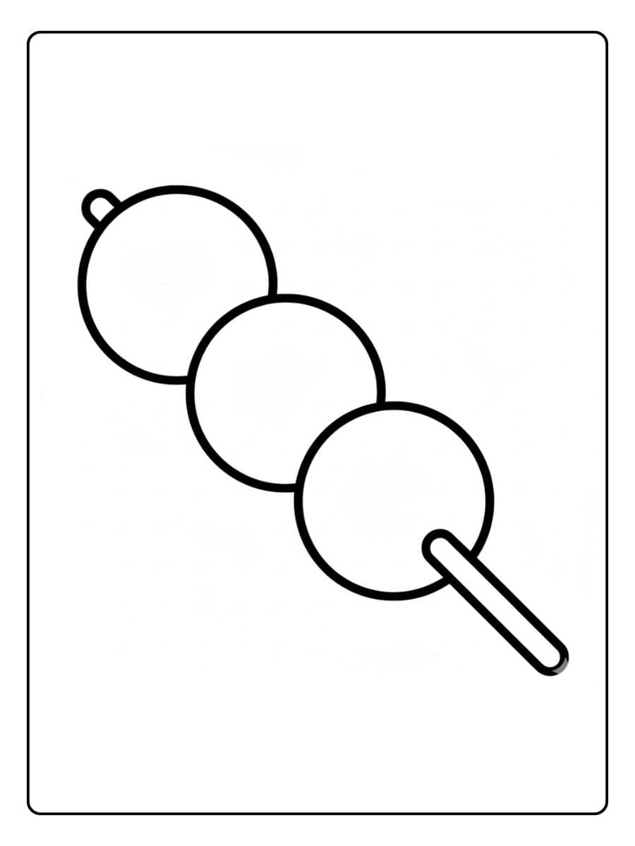 Ein kostenloses süßes Essen Ausmalbild als PDF zum Ausdrucken, das japanische Dango-Klöße am Spieß zeigt.