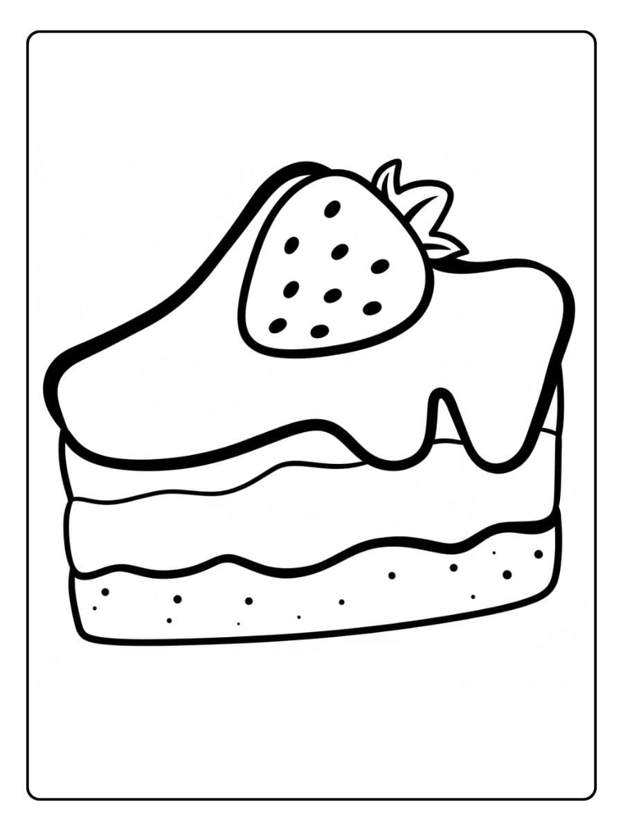 Ein kostenloses süßes Essen Ausmalbild als PDF zum Ausdrucken, das ein leckeres Stück Kuchen mit Glasur und einer großen Erdbeere zeigt.