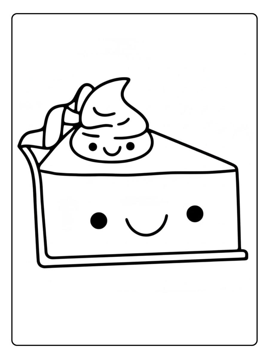 Ein kostenloses süßes Essen Ausmalbild als PDF zum Ausdrucken, das ein niedliches Kuchenstück mit Sahnehäubchen und Kawaii-Gesichtern zeigt.