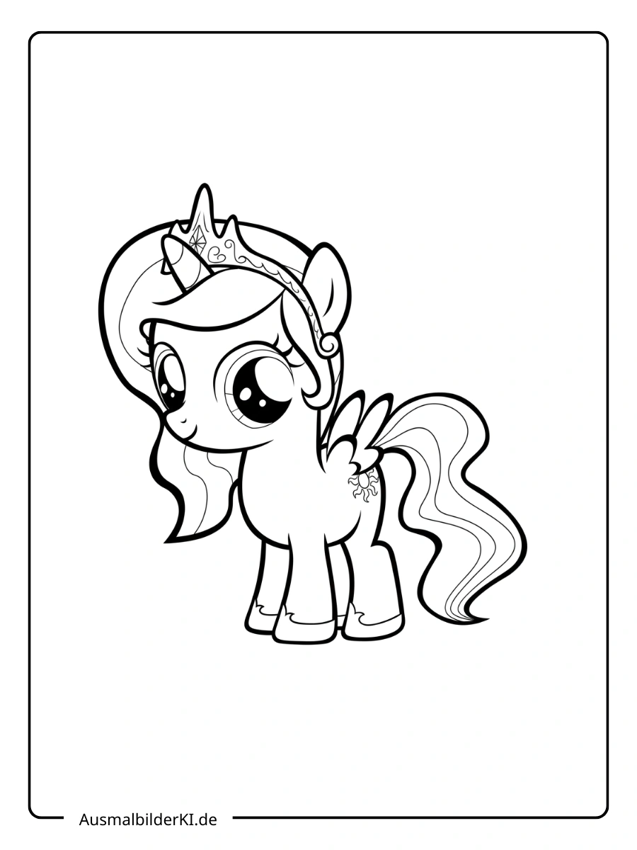 Ausmalbild kleine Prinzessin Celestia mit Krone und Flügeln.