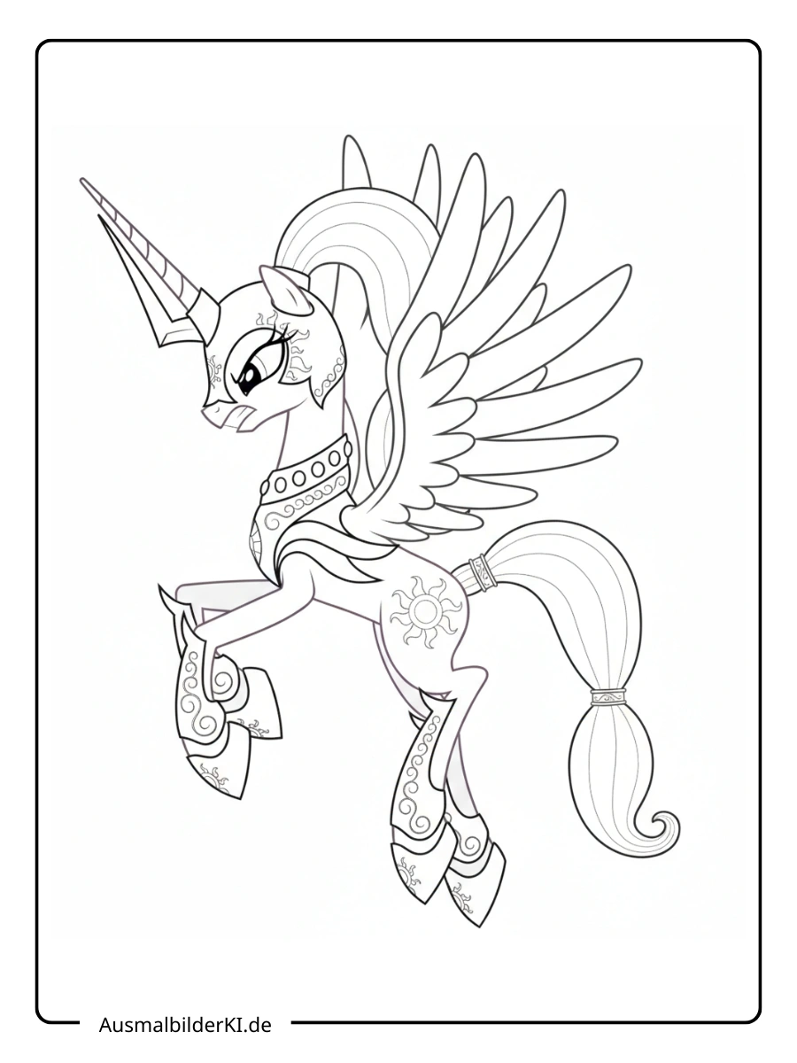 Detaillierte Ausmalvorlage von Prinzessin Celestia mit Krone und Juwelen.