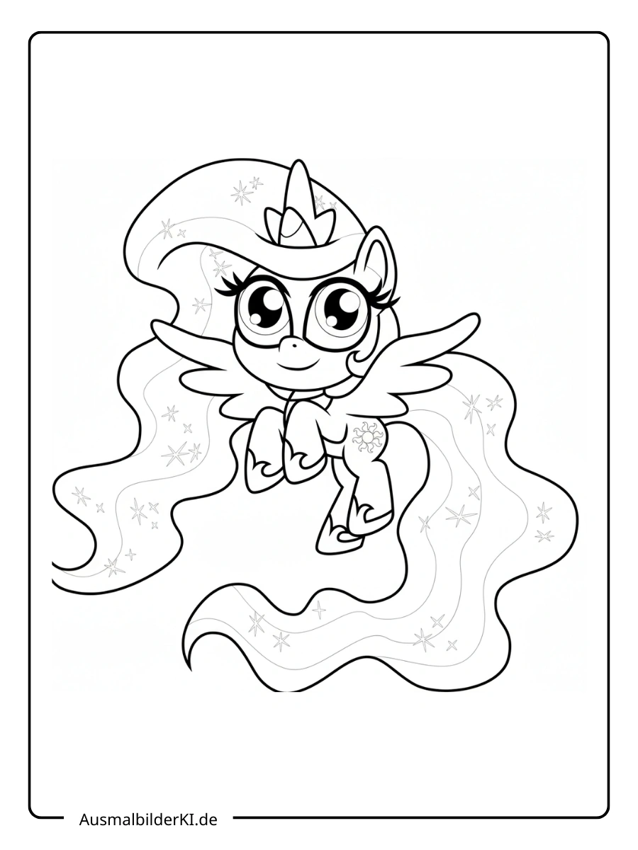 Süßes Ausmalbild der jungen Prinzessin Celestia mit großen Augen.
