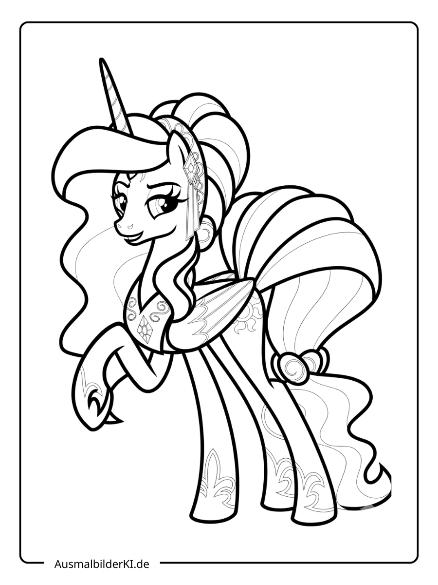 Prinzessin Celestia Ausmalbild mit fließender Mähne.