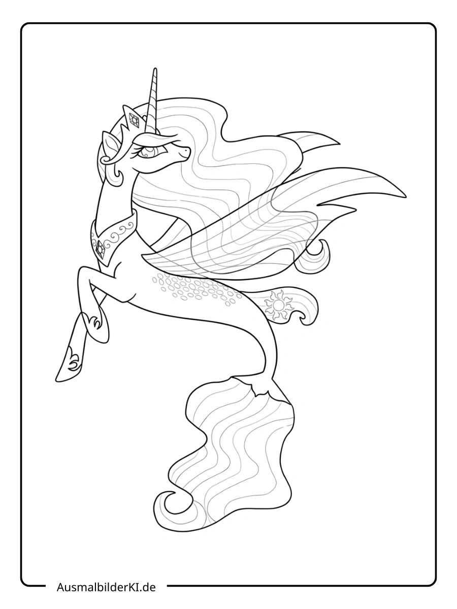 Ausmalbild Prinzessin Celestia in ihrer Form als Seepony im Wasser.