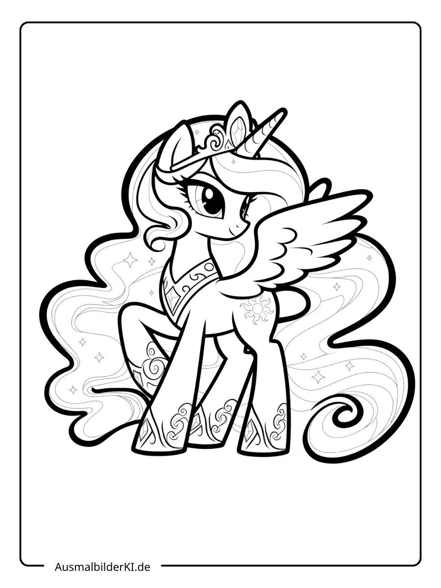 Ausmalvorlage Prinzessin Celestia mit majestätischen Flügeln und Juwelen.