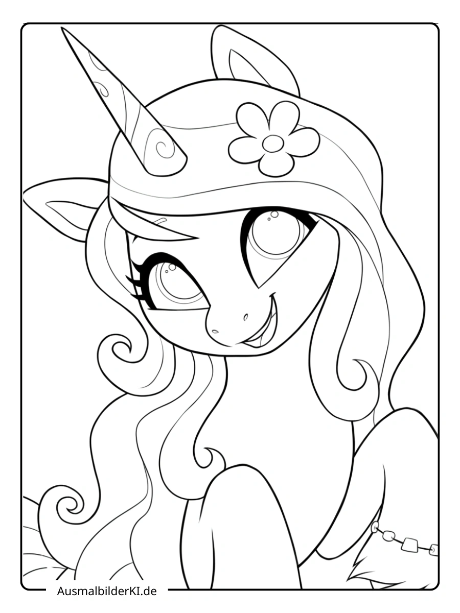 Einhorn Rarity mit einer Blume im Haar als detailliertes Porträt.