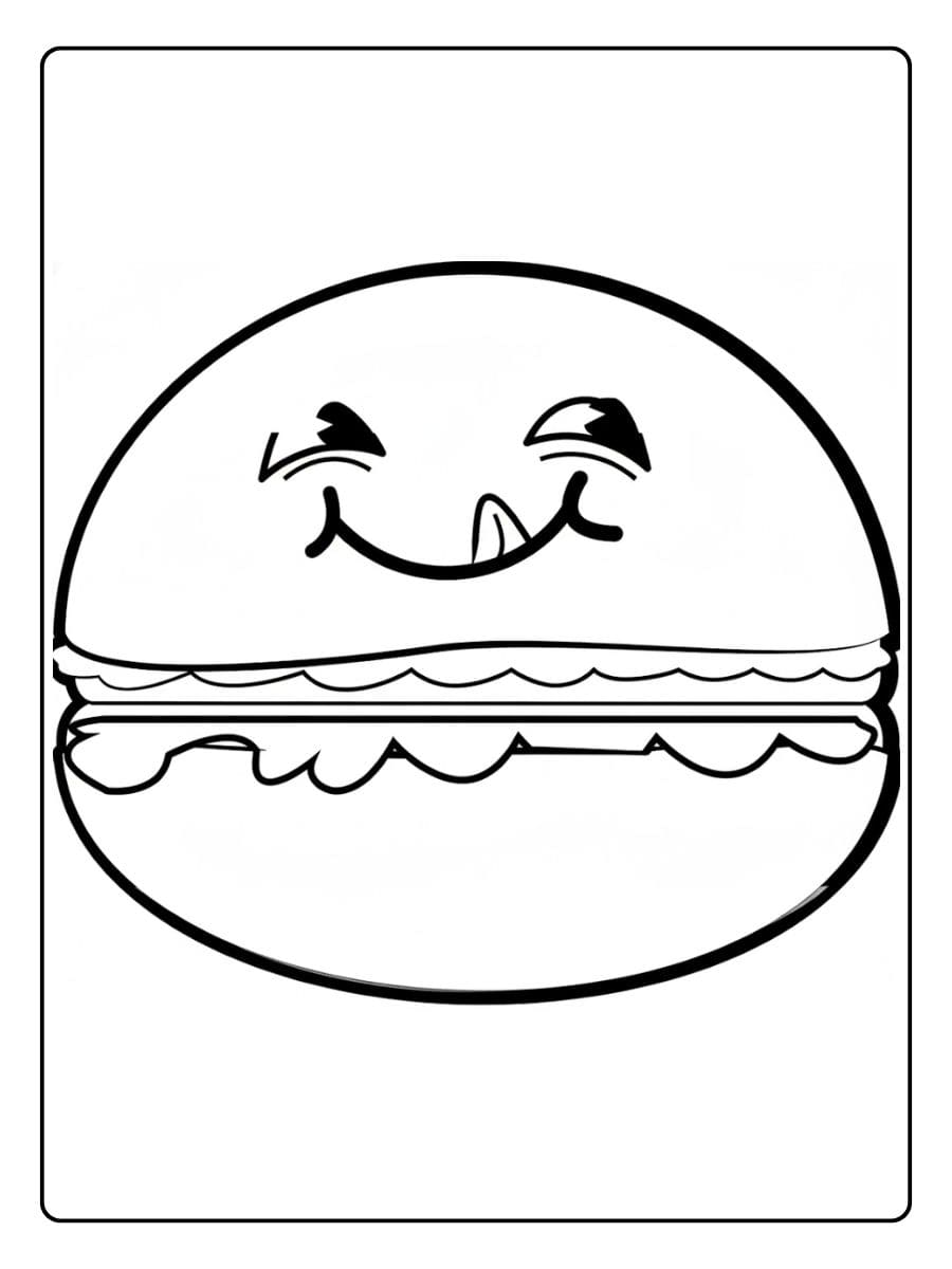 Ein kostenloses süßes Essen Ausmalbild als PDF zum Ausdrucken, das einen leckeren Burger mit einem zwinkernden Kawaii-Gesicht zeigt.