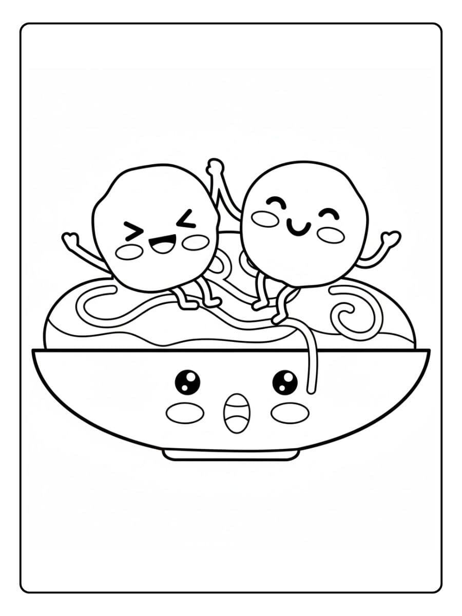 Ein kostenloses süßes Essen Ausmalbild als PDF zum Ausdrucken, das eine Schüssel Spaghetti mit zwei fröhlichen, tanzenden Kawaii-Fleischbällchen zeigt.