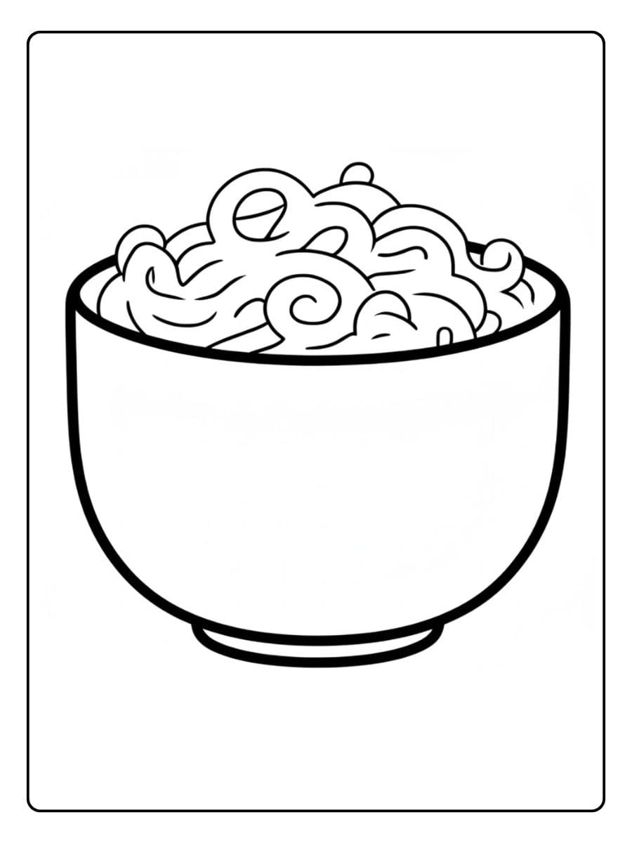 Ein kostenloses Essen Ausmalbild als PDF zum Ausdrucken, das eine einfache Schüssel mit Nudeln zeigt, ideal für Kleinkinder.