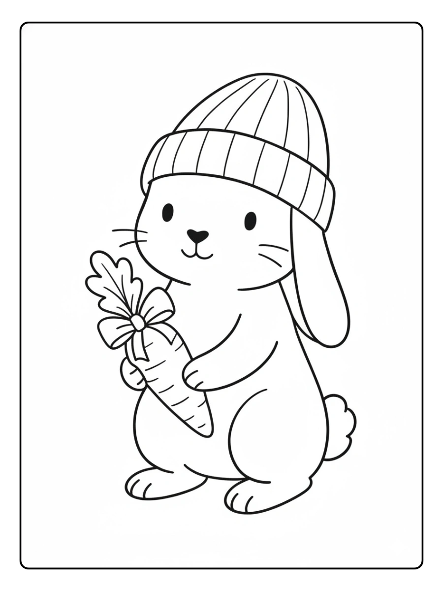 Ein Ausmalbild Hase mit einer Mütze hält eine Karotte.