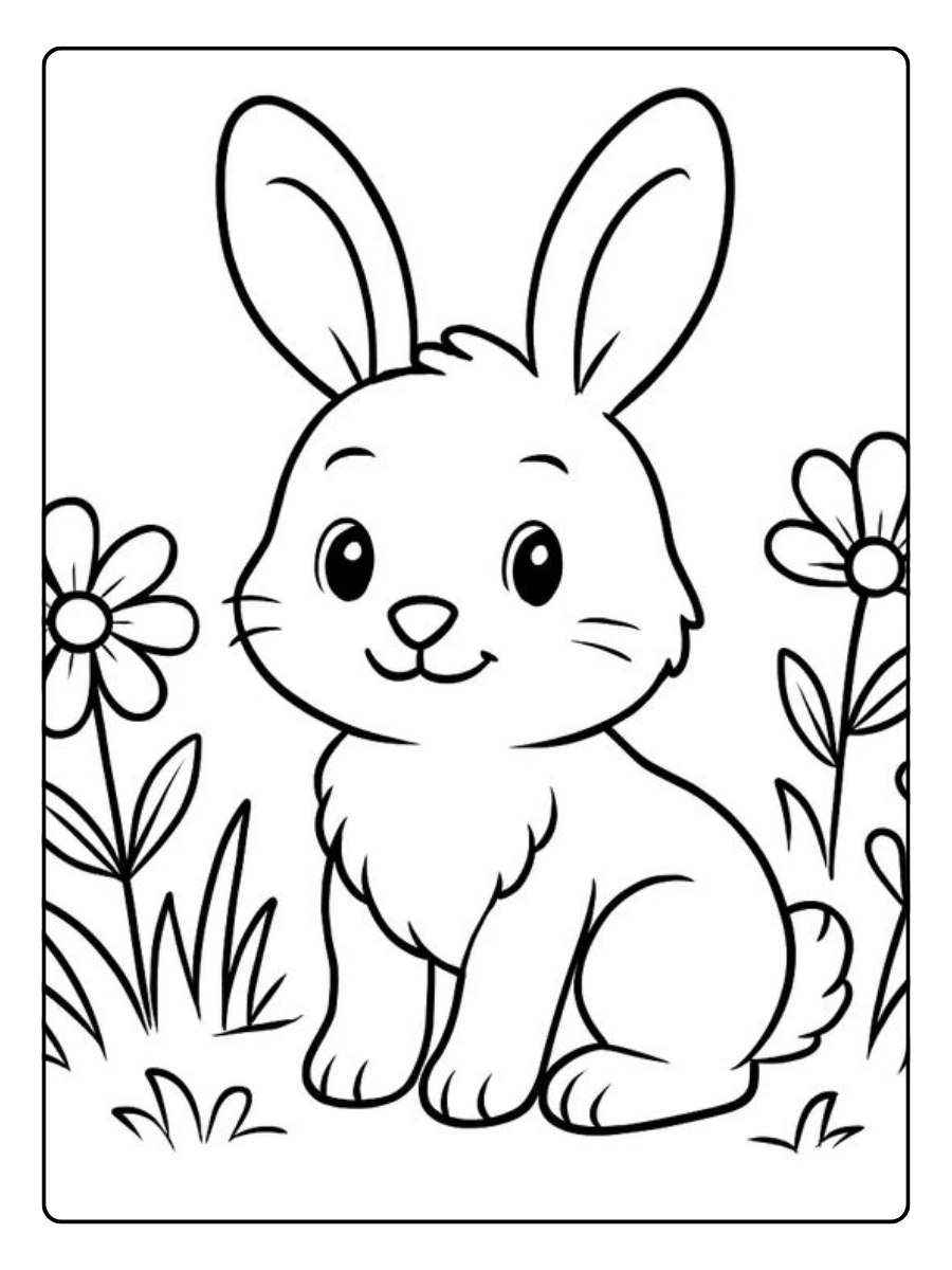 Ausmalbild Hase sitzt auf einer Wiese mit Blumen.