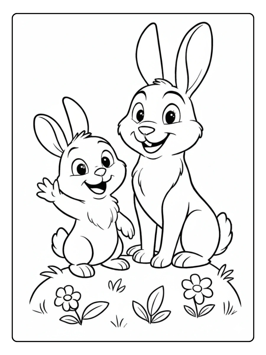 Ausmalbild Hase Mutter mit ihrem Baby.