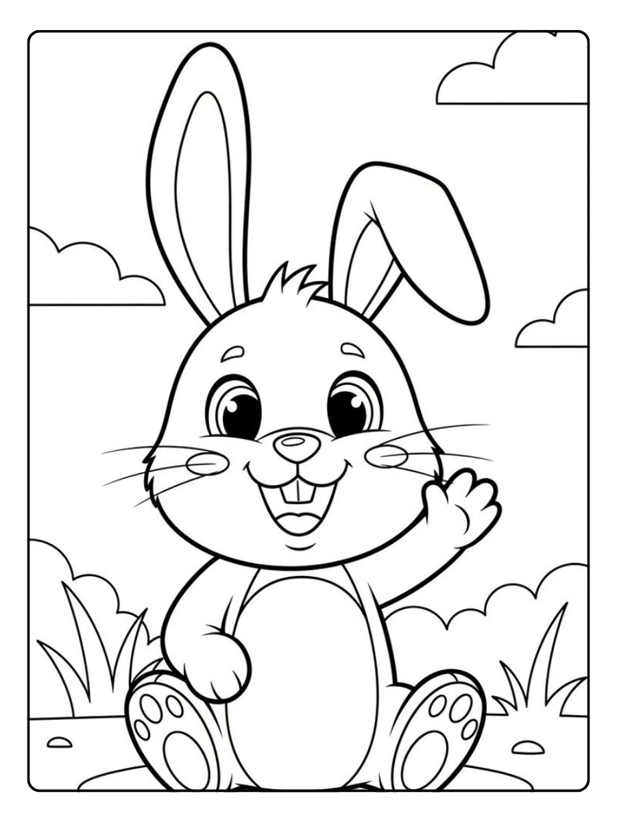 Ein Ausmalbild Hase winkt fröhlich in die Kamera.