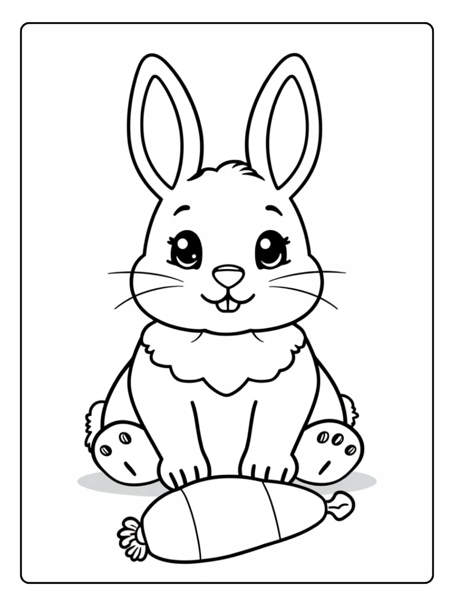 Ausmalbild Hase sitzt vor einer Karotte.