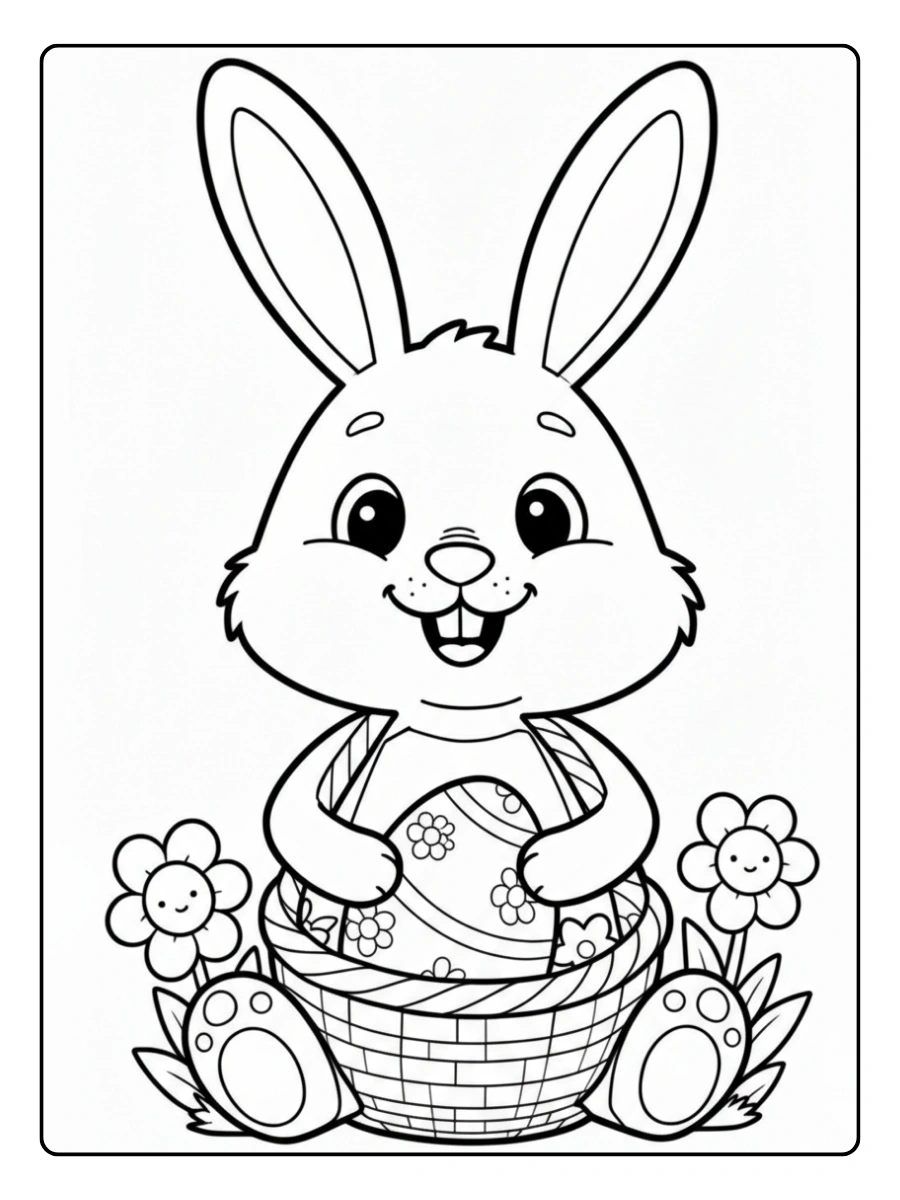 Ein Ausmalbild Hase in einem Korb voller Eier.