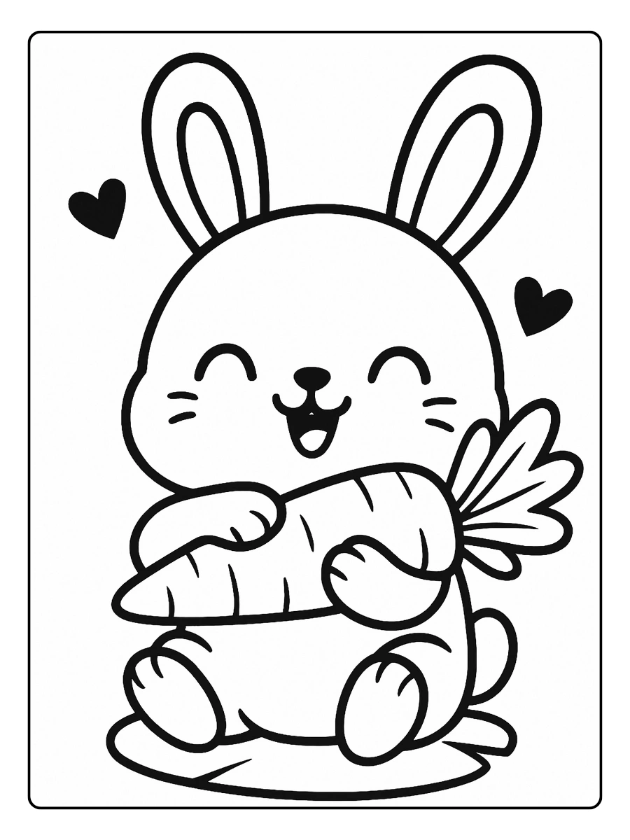 Ausmalbild Hase im Kawaii-Stil mit Herzchen.